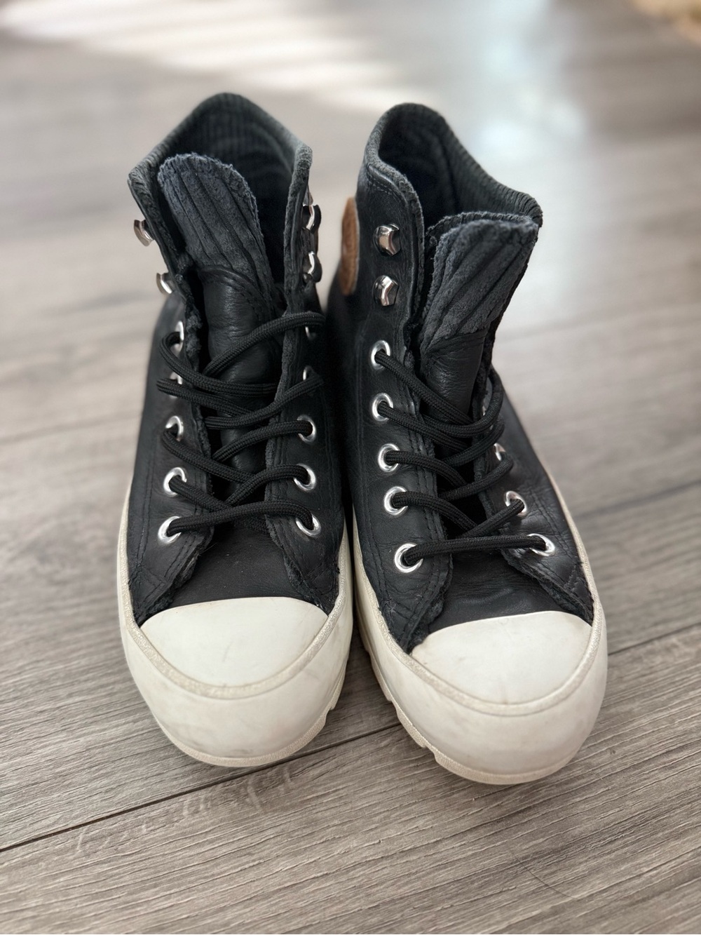 Converse Black Leather High-Top Sneakers with White Toe Caps